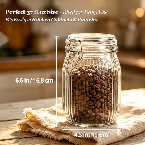 Ribbed Glass Storage Jars Airtight Lids 34oz 3 Pack Pantry Flour (3 Count)