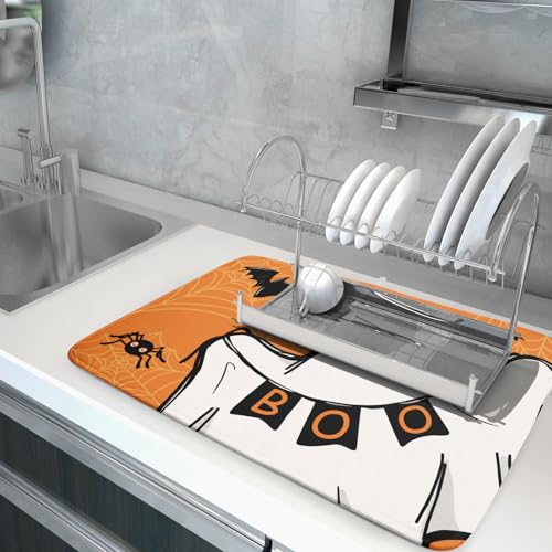 Orange Halloween Dish Drying Mat Spooky Boo Ghost Black Bats Dish Drainer Mats 18"x24" Spider Web Microfiber Reversible Dish Drying Rack Pad Protector for Kitchen Countertop Large Decor
