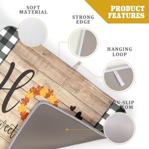 Home Sweet Home Dish Drying Mat 18x24 Inch Fall Autumn Maple Leaf Wreath Dish Drainer Mats Rustic Brown Wood Board Microfiber Dish Drying Rack Pad for Kitchen Countertop Farmhouse Decor