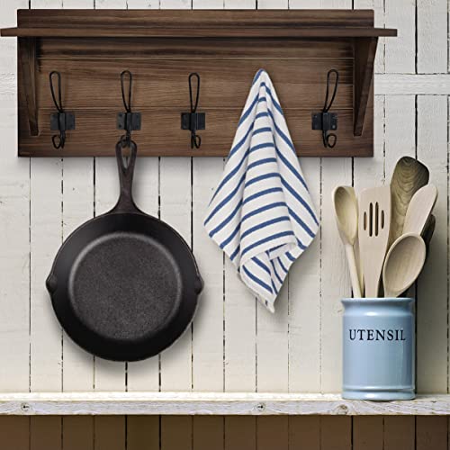 Rustic Brown Solid Wood Wall Mounted Coat Rack with Shelf