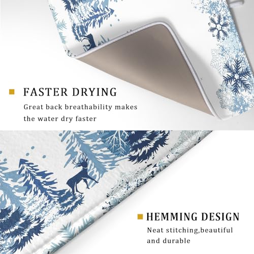 Winter Blue Snowflake Dish Drying Mat Christmas Tree Kitchen Counter Dish Drainer Mats Xmas Forest Deer Moose Dish Dry Pad Bottles Protector for Kitchen Countertop Coffee Bar