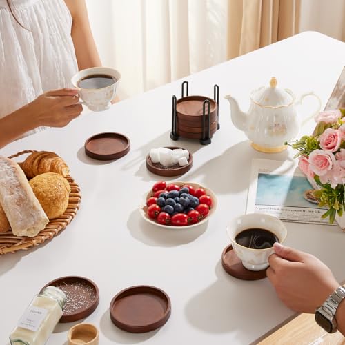 Set of 6 Wooden Coasters with Holder