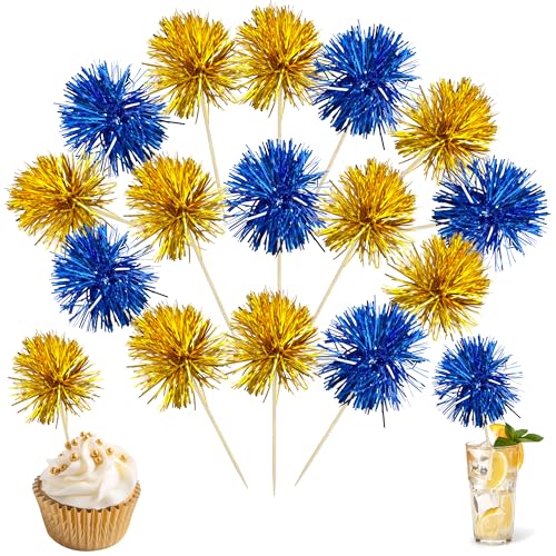 30Pcs Foil Firework Cupcake Toppers Sparkles Fireworks Sticks Birthday Decorations Sparkle Tinsel Cocktail Fruit Toothpick for Birthday Wedding Graduation Party Cake Decorations Dark Blue Gold (30 Count)