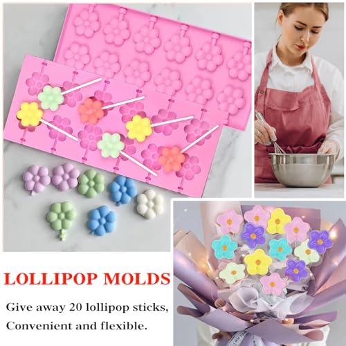 Silicone Lollipop Molds Candy Molds Silicone Sucker Molds Hard Candy Mold & 8 Rounds Nonstick Lollipop Mold With 20 Sticks for Candies