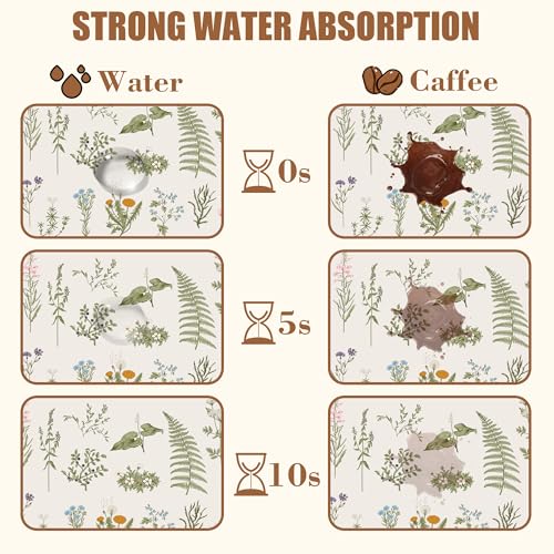 Flowers and Herbs Dish Drying Mat for Kitchen Counter Plant Bar Mat Hide Stain Absorbent Rubber Backed Coffee Maker Espresso Machine Bar Accessories 11.8 x 19.7 Inch