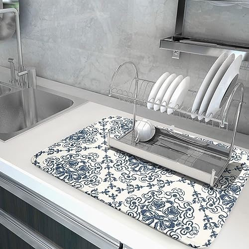 Bohemian Grey Retro Dish Drying Mat for Kitchen Counter