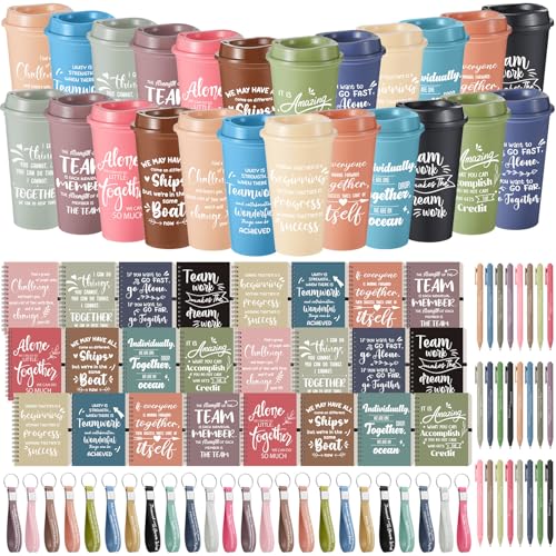 24 Set 96 Pcs Team Appreciation Gifts Bulk Team Thank You Gift Set 16 oz Coffee Cups Thank You Mini Spiral Notebooks Pens Keychains for Staff Teacher (24 Count)