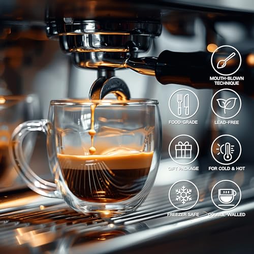 6 Ounces Set of 4 Double Walled Glass Coffee Mugs with Handle Insulated Layer Coffee Cups Borosilicate Glass Espresso Double Insulated Clear Glass Coffee Mug for Hot Beverages (4 Count)