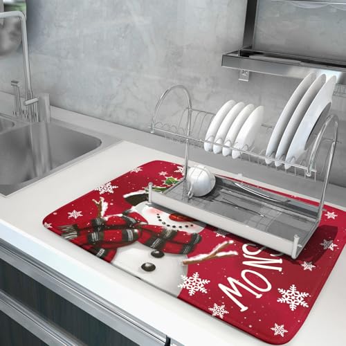 Merry Christmas Dish Drying Mat for Kitchen Counter 16x18 Inch Winter Snowman Dish Draining Mat Xmas Snowflakes Decorations Fast Absorbent Tableware Cardinal Birld Dishes Pad for Coffee Bar Countertop