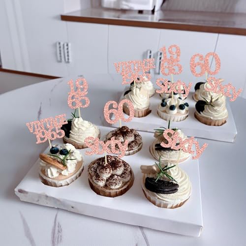 24Pcs 60th Birthday Cupcake Toppers Cheers to 60 Fabulous Sixty Cupcake Picks Vintage 1965 Decorations for 60th Birthday Wedding Anniversary Party Cake Decorations Supplies Rose Gold (24 Count)