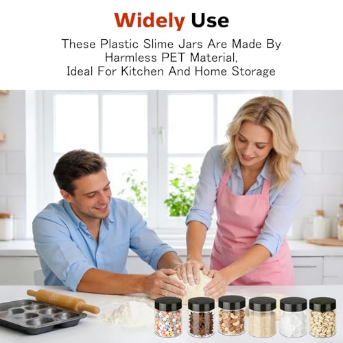 Plastic Jars with Lids 48 Pcs 8 oz & 3.4 oz Clear Plastic Slime Storage Jars Containers with Airtight Black Screw On Lids Cylinder Clear Round Jar Easy Clean Food Grade Durable Jar (48 Count)