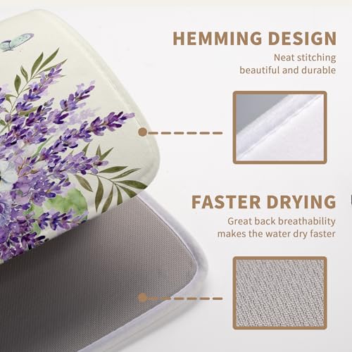 Spring Lavender Floral Dish Drying Mats Spring Summer Dish Mat Purple Flowers Butterfly Drying Matt Dishes Dryer Pad for Kitchen Counter Absorbent Microfiber Washable Foldable Reusable 18x24 in