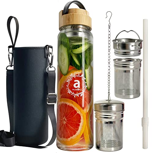 32oz Borosilicate Glass Water Bottle with Bamboo Lid and 2 Tea Infuser Sets for Fruit Infused Water and Cold Brew Coffee