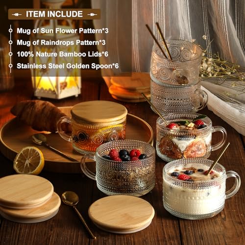 6 Pack 14oz Vintage Glass Coffee Mugs with Bamboo Lids and Spoons (6 Count)