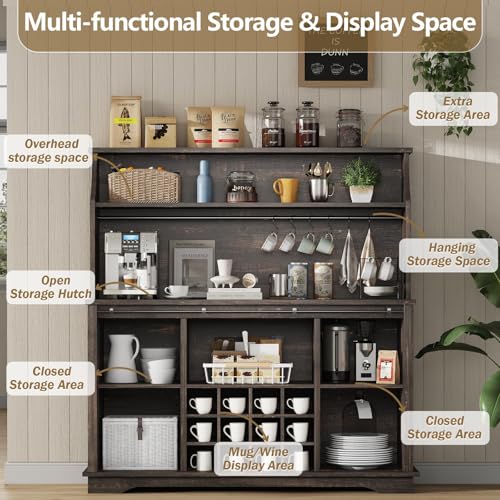 55" Farmhouse Coffee Bar Cabinet with 3 Tier Storage Hutch