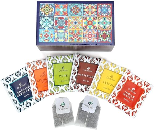 Tile Motif Wooden Caddy Tea Sampler Pack (30 Count)