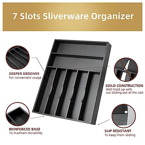 Bamboo Silverware Holder Drawer Utensil Organizer with 7 Slots Black