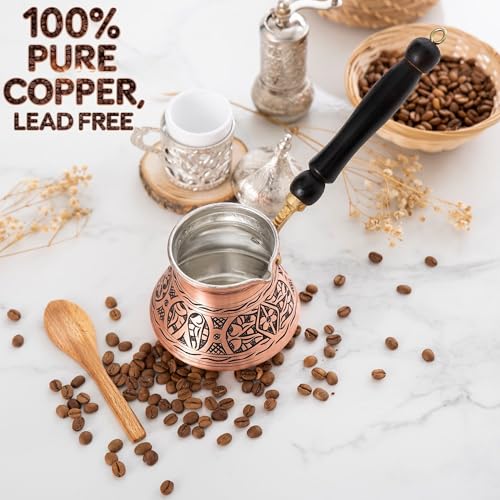 12 Oz Copper Turkish Greek Arabic Coffee Pot with Wooden Handle