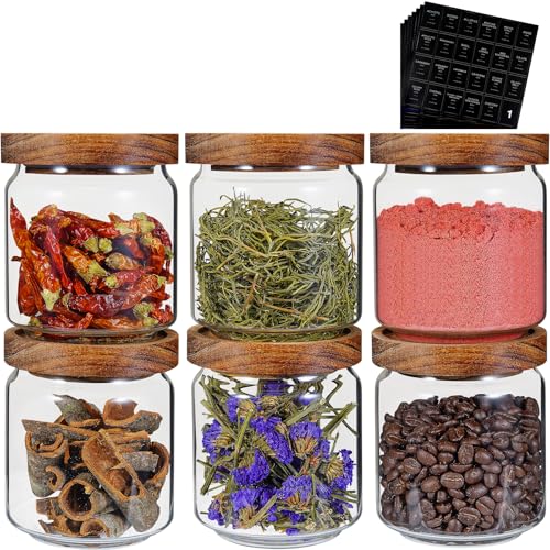 Small Glass Jars with Labels Spice Jar Round Storage Canister with Wooden Lid Clear Glass Food Jar for Pantry Sugar Tea Coffee Bean Spice Nuts Cookies Bath Salts