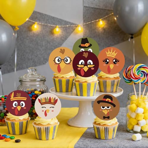 48PCS Edible Thanksgiving Day Cupcake Toppers Wafer Paper Turkey Cupcake Toppers Picks Autumn Cake Decorations for Thanksgiving Party Decoration Supplies