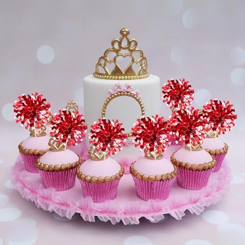 30Pcs Foil Firework Cupcake Toppers Happy Birthday Cake Toppers Tinsel Flower Drink Stirrers Cocktail Food Fruit Toothpicks for Valentine's Day Party Decorations Red (30 Count)