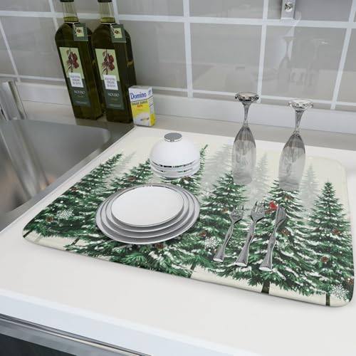 Winter Green Pine Tree Dish Drying Mat for Kitchen Counter