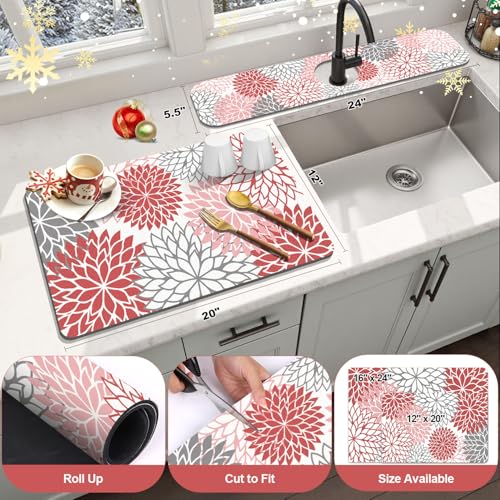 2PCS 12" x 20" Christmas Dish Drying Mat & 24" x 5.5" Sink Splash Guard (2 Count)
