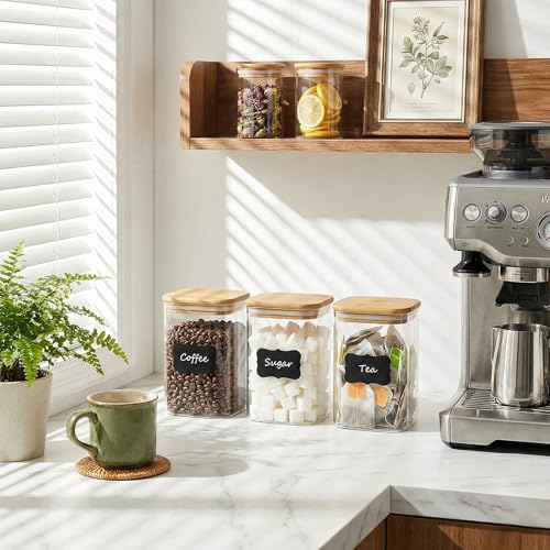 37oz(1.2Qt) Square Glass Storage Containers with Bamboo Lids – 4 Pack Clear Food Airtight Glass Jars for Pantry Organizers and Storage, Kitchen Dry Food, Coffee, Sugar, Flour, Snacks, Spices (4 Count)