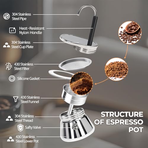 Uncoated 1 Cup Single Tube Moka Pot 304 Thickened Stainless Steel