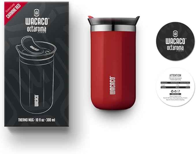 WACACO Octaroma Lungo Vacuum Insulated Coffee Mug, Double-wall Stainless Steel Travel Tumbler With Drinking Lid, 10 fl oz(300ml)， Carmine Red