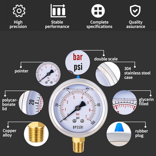 0 100 Psi Glycerin Liquid Filled Low Pressure Gauge