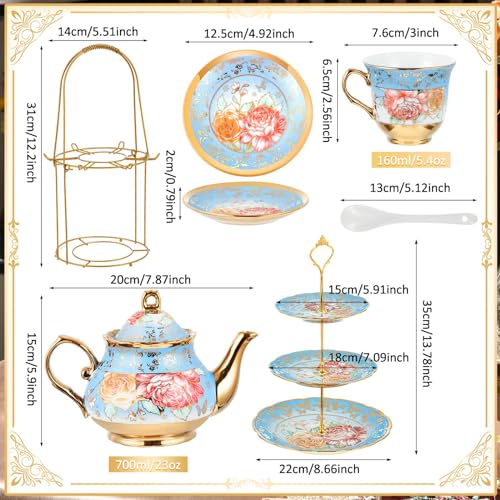 21 Pcs Porcelain Tea Set for Women Tea Party with Metal Holder and 3 Tier Cake Stand Ceramic European Floral Teapot Set for Adults Mother's Day Christmas Thoughtful Gift
