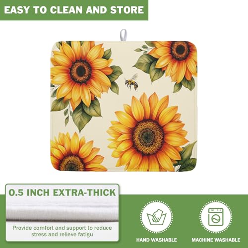 Sunflower Dish Drying Mat 16x18 Inch Absorbent Reversible Summer Drying Mat Sunflower Bee Dish Drying Rack Mat Yellow Summer Themed Dish Drainer Mat for Kitchen Counter Coffee Bar