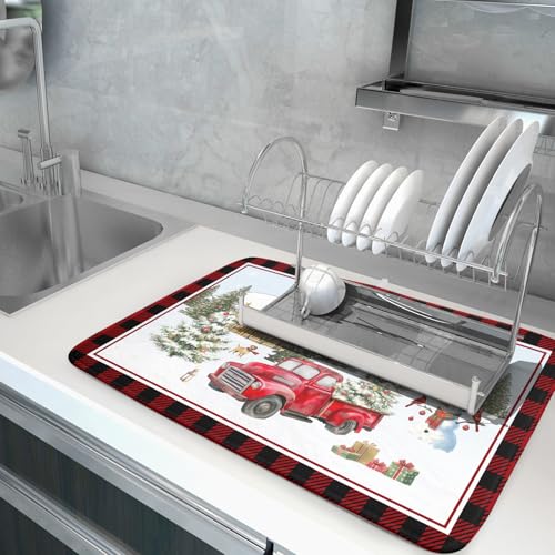 Christmas Truck Dish Drying Mat 18x24 inch Large Winter Snowman Xmas Trees Snow Farm Dish Drainer Mats Red Black Buffalo Plaids Absorbent Dish Drying Pad for Kitchen Countertop Decor
