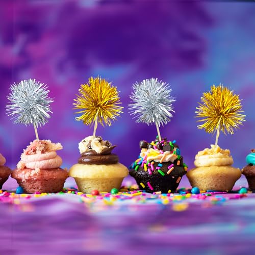 30Pcs Foil Firework Cupcake Toppers Sparkle Tinsel Cake Toppers Tinsel Drink Cake Decoration Cocktail Picks for Birthday Wedding Graduation Party Supplies Gold Silver (30 Count)