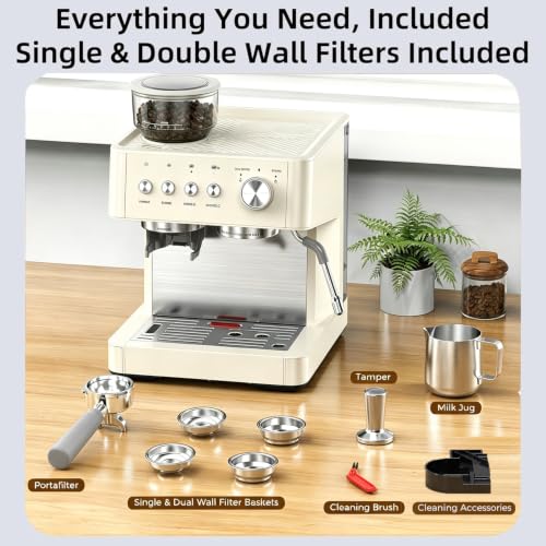 2026 Upgrade) 15 Bar Espresso Machine with Built-in Anti-Clog Coffee Grinder, Expresso Coffee Machines with Milk Steam Wand/Frother/Tamping Tools,Espresso Maker with Grinder for Lattes-Almond
