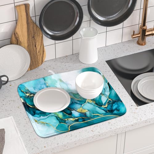 Teal Marble Dish Drying Mat Turquoise Blue Marbling Print Dish Drainer Mats 16"x18" Modern Granite Microfiber Reversible Dish Drying Rack Pad Protector for Kitchen Countertop Decor