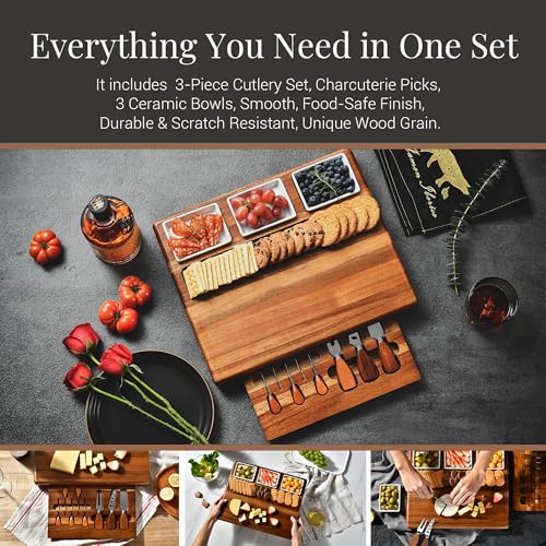 Large Acacia Wood Charcuterie Board Set with 3 Removable Ceramic Bowls & Serving Utensils