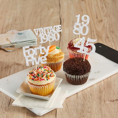 24Pcs 45th Birthday Cupcake Toppers Glitter Cheers to 45 Fabulous Forty Five Vintage 1980 Cupcake Picks 45th Birthday Wedding Anniversary Party Cake Decorations Supplies Silver (24 Count)