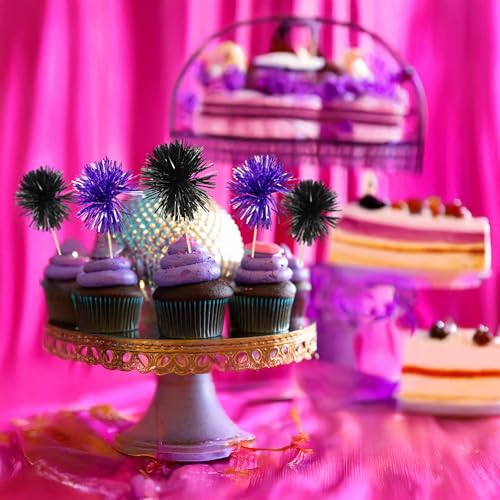 30Pcs Foil Firework Cupcake Toppers Sparkle Tinsel Cupcake Picks Happy Birthday Cake Decorations Drink Stirrers Cocktail Food Toothpicks for Baby Shower Graduation Party Supplies Black Purple (30 Count)