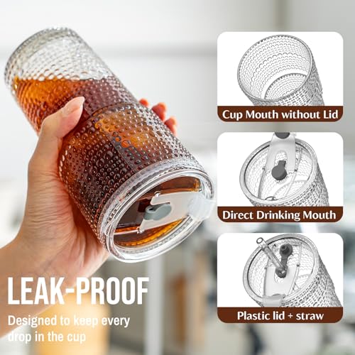 20oz Hobnail Glass Tumbler with Bamboo Lids and Straws