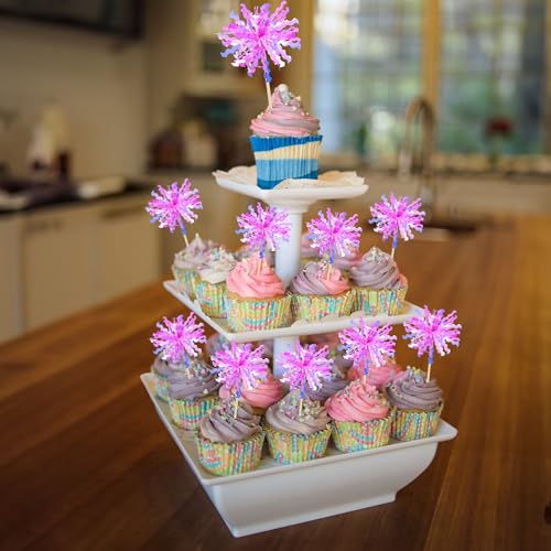 20Pcs Foil Firework Cupcake Toppers Happy Birthday Cake Toppers Sparkle Tinsel Flower Drink Stirrers Cocktail Food Fruit Toothpicks for Valentine's Day Party Supplies Rose Red (20 Count)