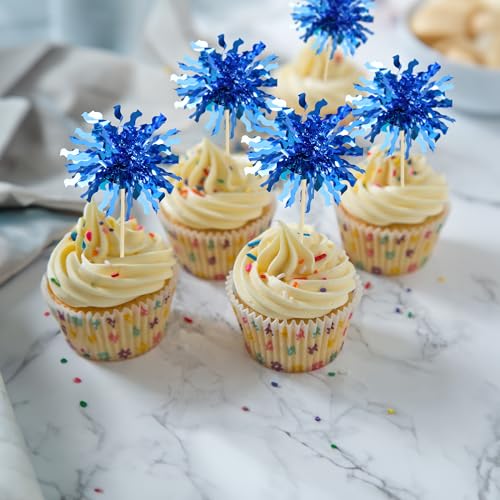 30Pcs Foil Firework Cupcake Toppers Happy Birthday Cake Toppers Sparkle Tinsel Flower Drink Stirrers Cocktail Food Fruit Toothpicks for Valentine's Day Party Supplies Blue (30 Count)