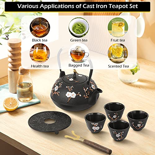 Cast Iron Teapot 40.6oz Japanese Tea Kettle Set with 4 Tea Cups
