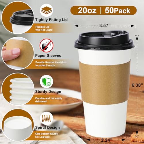 50 Pack 20 oz Disposable Coffee Cups With Lids and Sleeves (50 Count)