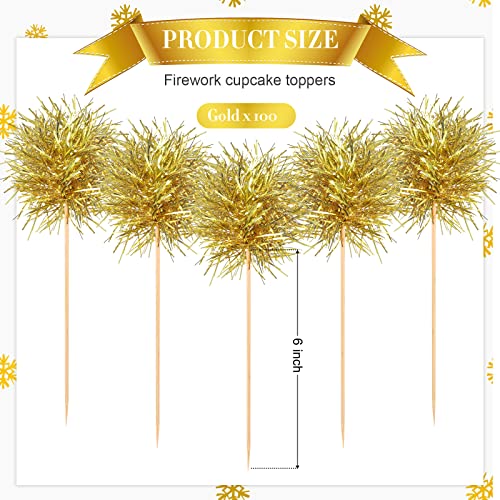 100 Pcs Foil Firework Cupcake Toppers Gold Sparkle Tinsel Cake Toppers New Years Cake Decoration Cocktail Fruit Toothpick for Birthday Wedding Graduation Party
