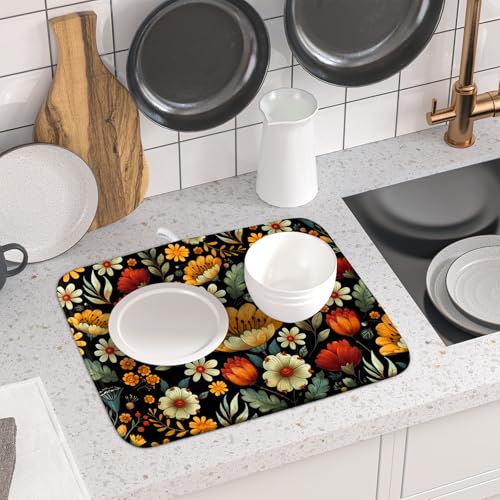Vintage Boho Floral Dish Drying Mat for Kitchen Counter