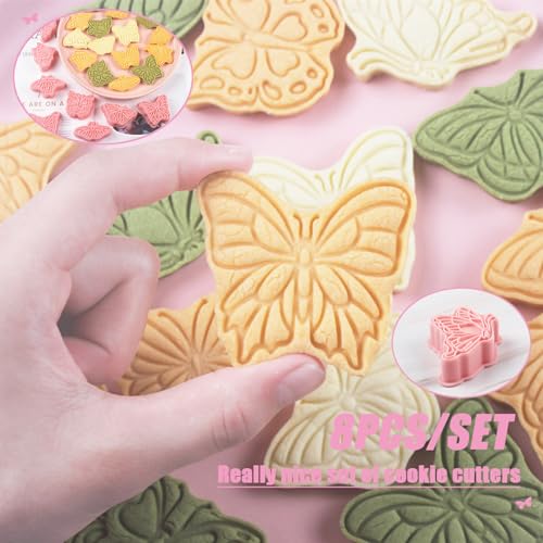 Butterfly Cookie Cutters 8 Pcs Plastic Biscuit Cutter Set 3D Pressable Cake Baking Fondant Embosser Stamps for Party Decoration Pastry Tools (8 Count)
