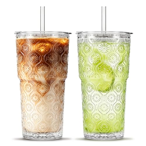 20oz Begonia Flower Glass Tumbler with Bamboo Lid and Straw