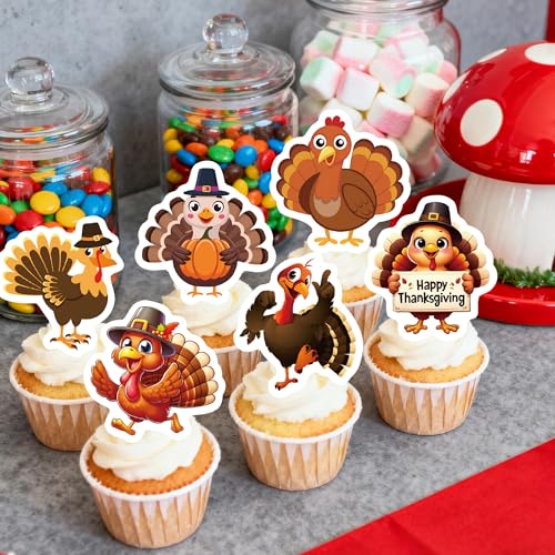 72PCS Edible Thanksgiving Day Cupcake Toppers Wafer Paper Turkey Cupcake Toppers Picks Autumn Cake Decorations for Thanksgiving Party Decoration Supplies